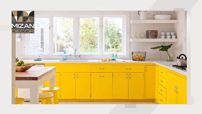 عکس از کابینت آشپزخانه زرد رنگ