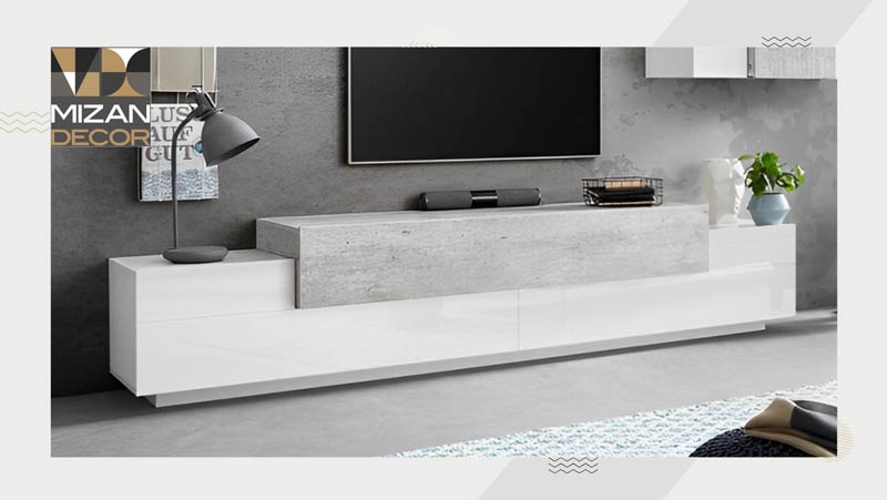 عکس میز تلویزیون سفید مدرن با ترکیب طرح سنگ