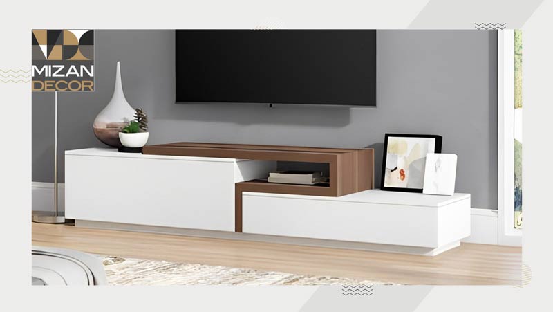 عکس میز تلویزیون سفید مدرن با ترکیب چوب